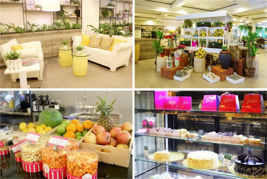 Happy Garden Cafe interior collage showing lounge area, flower displays, fresh fruits, and pastry case